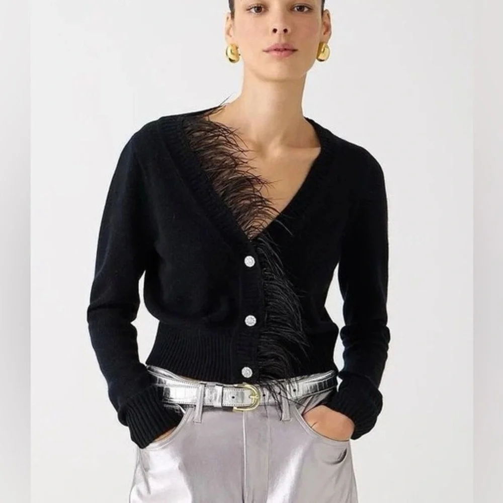 J.Crew Black Cashmere Wool Feather Trim Cropped Cardigan Sweater - Picture 1 of 5